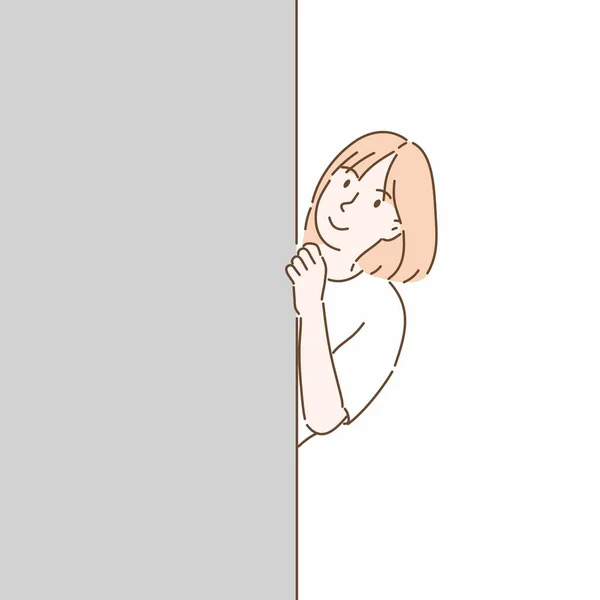 Une Femme Cachée Derrière Mur Vecteur Style Caractère Dessiné Main — Image vectorielle