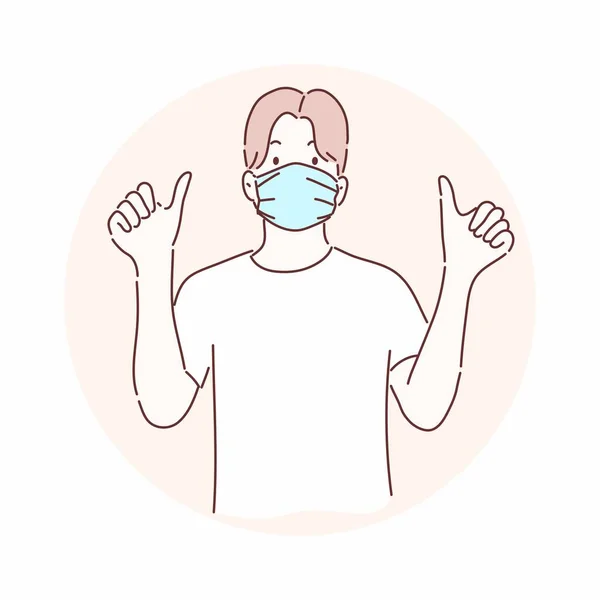 Мужчина Медицинской Маске Жесте Поднятыми Пальцами Профилактика Заболеваний Гриппа Загрязнения — стоковый вектор
