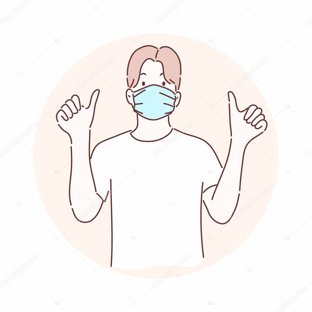Man wearing medical mask and gesture with thumb ups. Prevent disease, flu, air pollution, contaminated air, world pollution concept. Hand drawn character flat style vector.