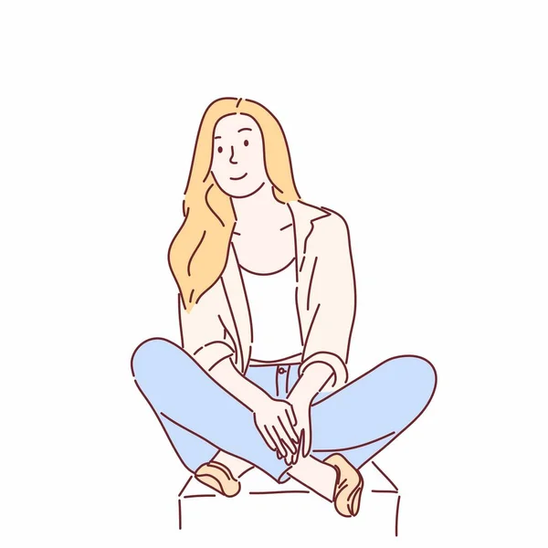 Jolie Femme Assise Posant Vecteur Style Caractère Dessiné Main — Image vectorielle