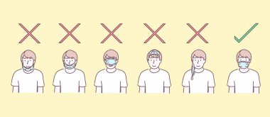 Cerrahi maske takan adam. Hastalıkları, gribi, hava kirliliğini, kirli havayı ve konsepti önlemek için maske takmak. El çizimi düz karakter biçimi vektörü,