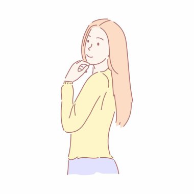 Mutlu neşeli güzel kadın pozu. El çizimi karakter biçimi vektörü.