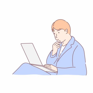 Adam dizüstü bilgisayar kullanıyor ve düşünüyor. El çizimi karakter biçimi vektörü.