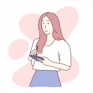 Ayakta duran ve küçük notalara yazan bir kadın. El çizimi düz karakter biçimi.