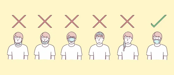 Cerrahi maske takan adam. Hastalıkları, gribi, hava kirliliğini, kirli havayı ve konsepti önlemek için maske takmak. El çizimi düz karakter biçimi vektörü,
