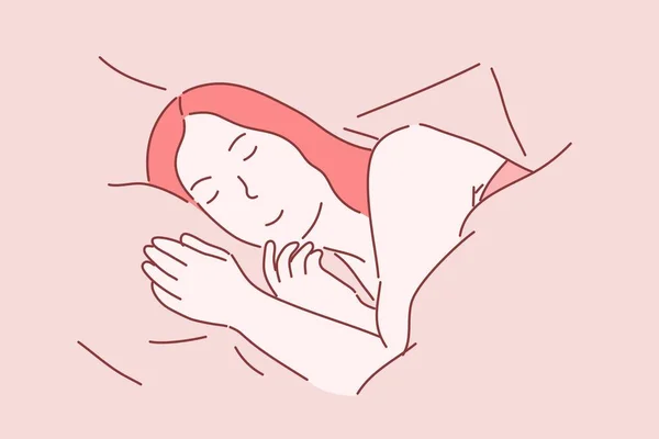 Mujer Durmiendo Cama Estilo Vector Carácter Dibujado Mano — Archivo Imágenes Vectoriales