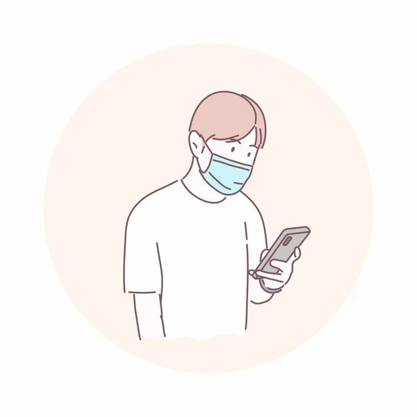 外科用マスクを着用し スマートフォンを使用して男 インフルエンザ 大気汚染 汚染された空気 概念を防ぐ 手描きのキャラクタースタイルベクトル — ストックベクタ