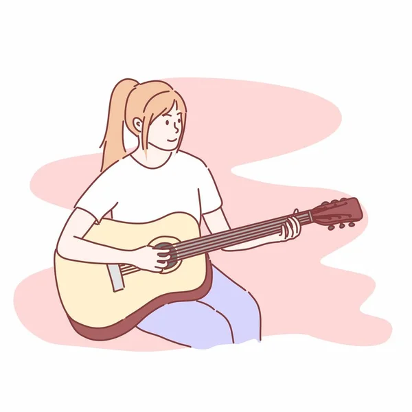 Mujer Tocando Guitarra Dibujado Mano Carácter Estilo Vector — Vector de stock