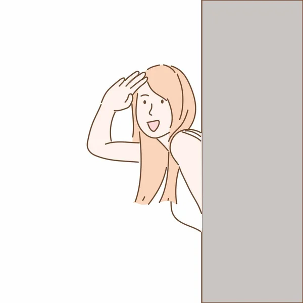 Une Femme Cachée Derrière Mur Vecteur Style Caractère Dessiné Main — Image vectorielle