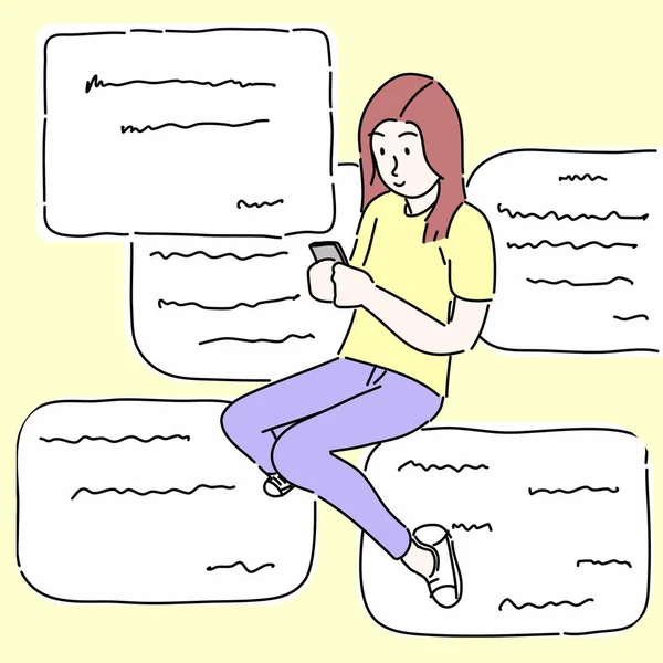Een Vrouw Met Een Smartphone Sociale Media Chat Mail Online — Stockvector