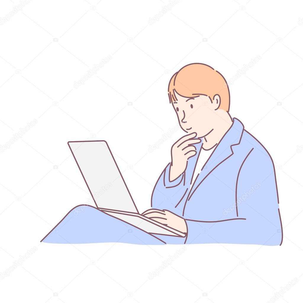 Man using laptop and thinking. Hand drawn character style vector.