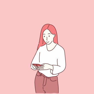 Ayakta duran ve küçük notalara yazan bir kadın. El çizimi düz karakter biçimi.