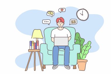 Dizüstü bilgisayar kullanan ve koltukta oturan bir adam. Evde kalmak, çalışmak, sosyal medya, oyun, eğitim ev konsepti. El çizimi düz karakter vektör biçimi.