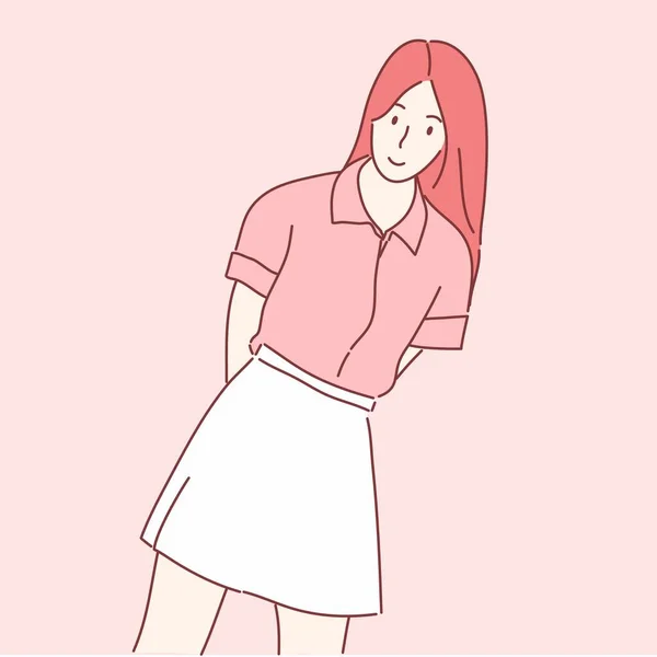 Joyeux Joyeux Joyeux Pose Jolie Femme Vecteur Style Caractère Dessiné — Image vectorielle