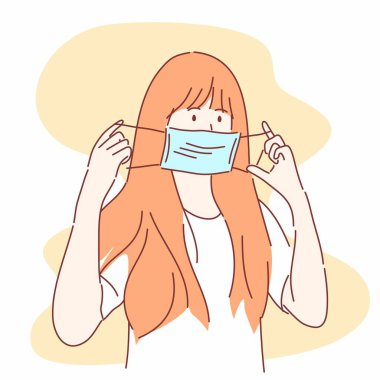 Kadın tıbbi maske takmak üzere. Hastalıkları, gribi, hava kirliliğini, kirli havayı, dünya kirliliğini önlemek için. El çizimi karakter düz biçim vektörü.