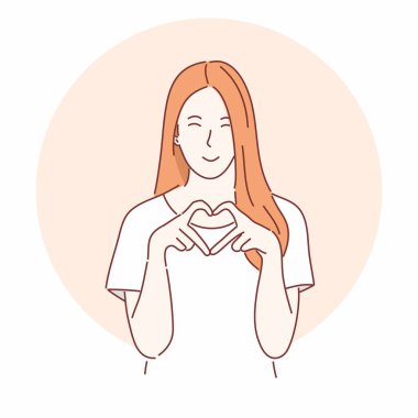 Güzel bir kadın kalp gibi parmaklarını hareket ettirir. El çizimi düz karakter vektörü.