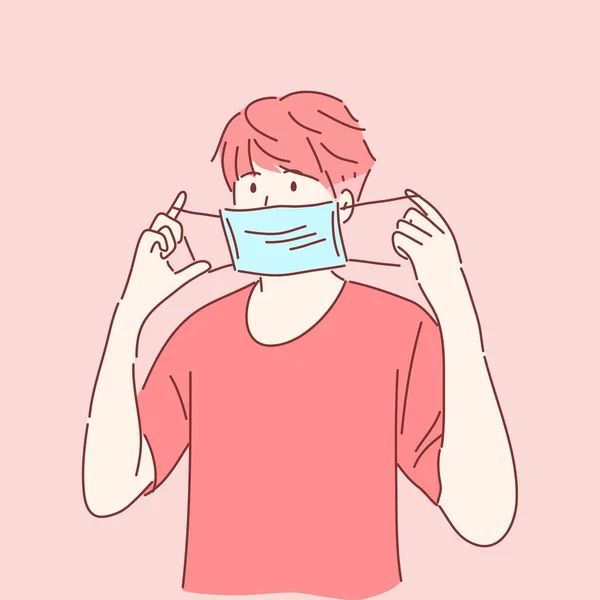 Άνθρωπος Πρόκειται Φορέσει Ιατρική Μάσκα Πρόληψη Ασθενειών Γρίπη Ατμοσφαιρική Ρύπανση — Διανυσματικό Αρχείο