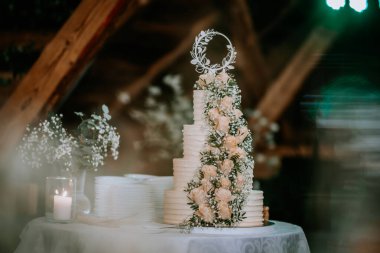 Şeftali gülleriyle süslenmiş katmanlı bir düğün pastası, bebek nefesli çiçekler ve istiflenmiş tabaklarla dolu bir masaya yerleştirilmiş çelenk şeklinde bir tepsi.