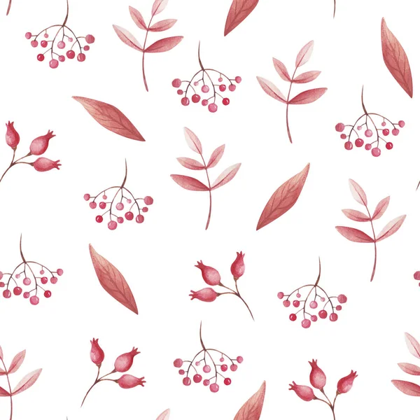 Watercolor seamless pattern of red leafs and rowan for print. Fall vibes. — Stock Photo, Image