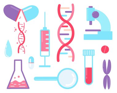 Genom sıralama - tıbbi test. Öğeleri kümesi dna, şırınga, Büyüteç, mikroskop ve hapları