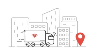 Kendi kendine sürüş kamyon - özerk taşıma, cityscape, yüksek gökdelenler. Vektör hat illüstrasyon.