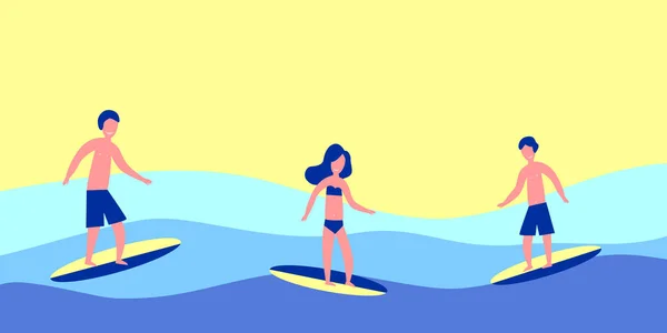 冲浪者与冲浪板 冲浪营 积极的旅行 太阳和海洋 — 图库矢量图片