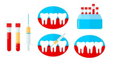 PRP set, trombosit zengin plazma diş hekimliği. Diş, kanama sakız, şırınga, santrifüj. Düz stil vektör çizim.