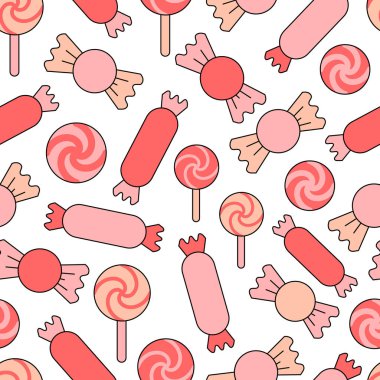 Lolipop ve şeker Dikişsiz desen renk pembe. Düz ve çizgi stilini resimde vektör