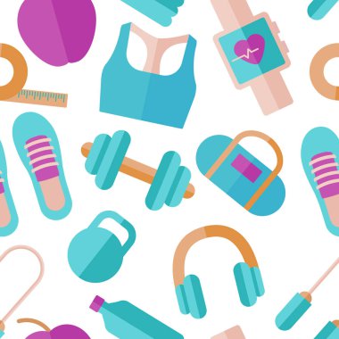 Dikişsiz desen kişisel çalıştırıcı, fitness ekipmanları, kilo kaybetme. Düz stil vektör