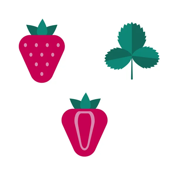 Erdbeer-Ikonen, Sommerfrüchte im flachen Stil. — Stockvektor