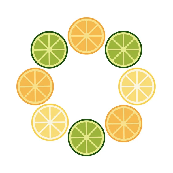 Runder Rahmen aus Limette, Orange, Zitrone. Sommer exotisches Essen in Wohnungen — Stockvektor