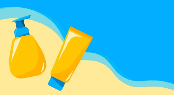 Tubos de loción y crema que yacen en la playa. Protector solar. Producto cosmético para el verano — Archivo Imágenes Vectoriales