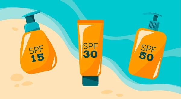 Banner di creme solari impostato con spf15, spf30, spf50. Protezione della pelle dai raggi UV. Illustrazione per il web — Vettoriale Stock