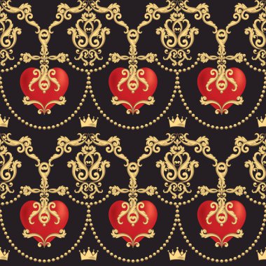 Güzel süs kırmızı kalp s siyah arka plan üzerine tacıyla Şam seamless modeli. Vektör çizim