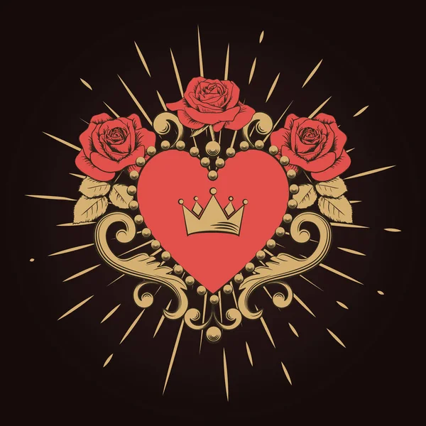 Hermoso corazón rojo ornamental con corona y rosas sobre fondo negro. Ilustración vectorial — Vector de stock