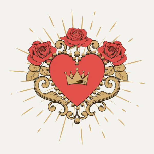 Hermoso corazón rojo ornamental con corona y rosas sobre fondo blanco. Ilustración vectorial — Archivo Imágenes Vectoriales