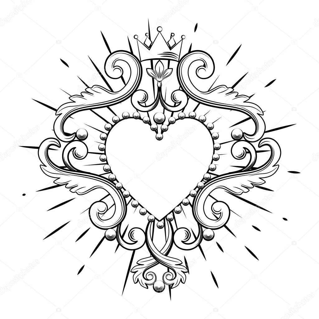 Beautiful ornamental heart with crown in black color isolated on white background. Vector illustration