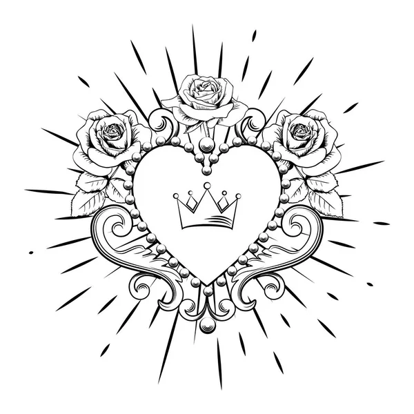 Beautiful ornamental heart with crown and roses in black color isolated on white background. Vector illustration — Stock Vector