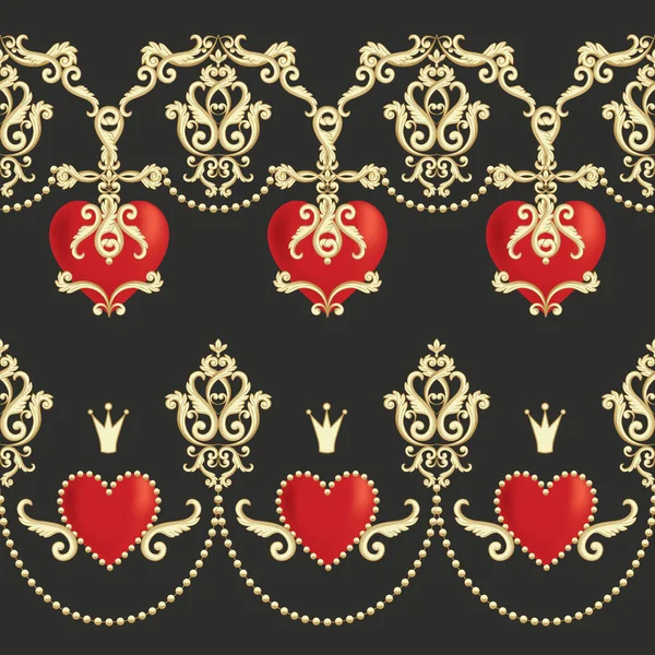 Fronteras con hermosos corazones rojos ornamentales, coronas sobre fondo negro. Ilustración vectorial — Vector de stock