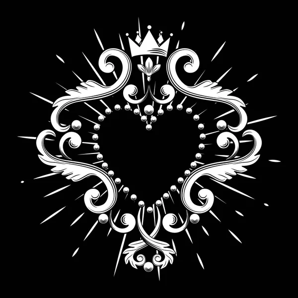 Precioso corazón ornamental con corona en color blanco aislado sobre fondo negro. Ilustración vectorial — Archivo Imágenes Vectoriales