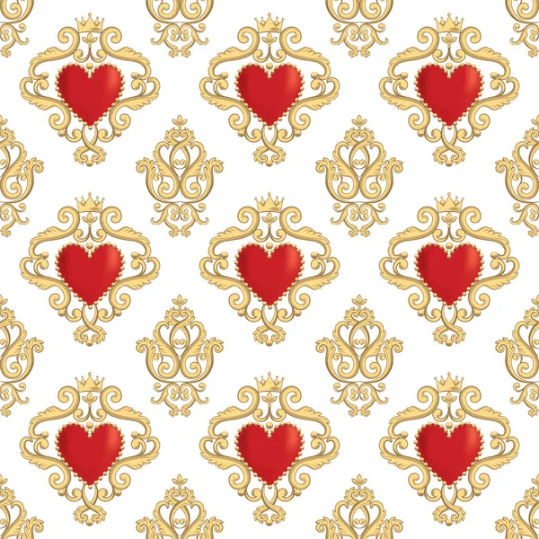 Seamless damask pattern with beautiful ornamental red hearts with crowns. Vector illustration — Stock Vector