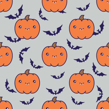 Flittermouse siluetleri ile gri arka plan üzerinde pumpkins ile Seamless Cadılar Bayramı modeli.