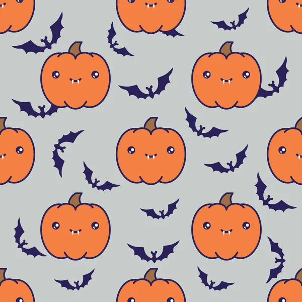 Seamless halloween pattern with pumpkins on grey background with silhouettes of flittermouse. — Stock Vector