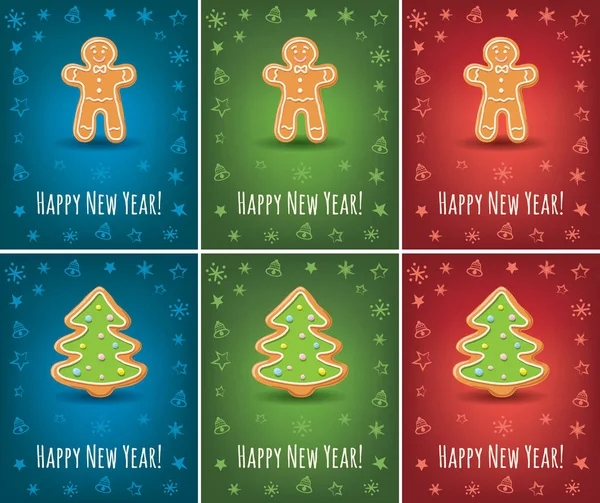 Biglietto di auguri con iscrizione Felice Anno Nuovo e albero di Natale di pan di zenzero — Vettoriale Stock