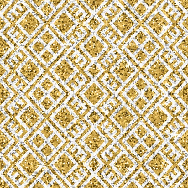 Texture glitter or jaune sans couture avec ornement géométrique argenté. Fond scintillant . — Image vectorielle