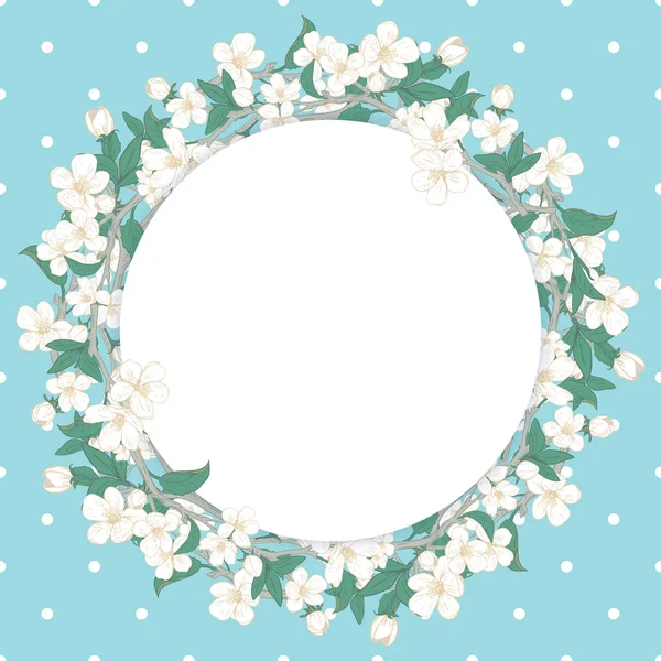 Patrón redondo de flor de cerezo sobre fondo de lunares azules — Archivo Imágenes Vectoriales
