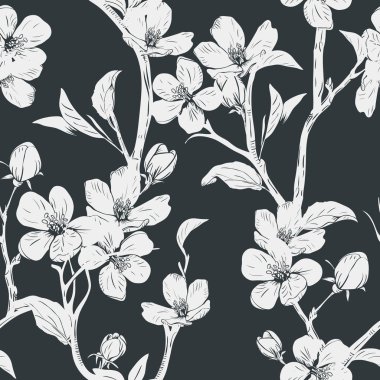 Çiçek açan ağaç. Çiçekler ile Seamless modeli. Bahar çiçek doku. Botanik vektör çizim el çekilmiş