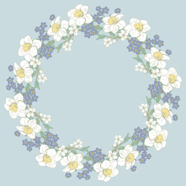 Patrón redondo floral sobre fondo azul. Ilustración vectorial — Vector de stock