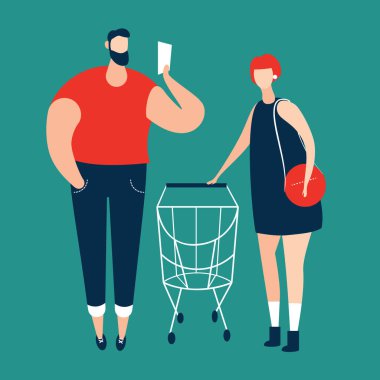 Adam alışveriş listesi ve süpermarkette alışveriş arabası taşıyan kadınlar denetleme.