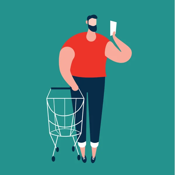 Man checking shopping list and carrying shopping trolley at supermarket. — Stock Vector